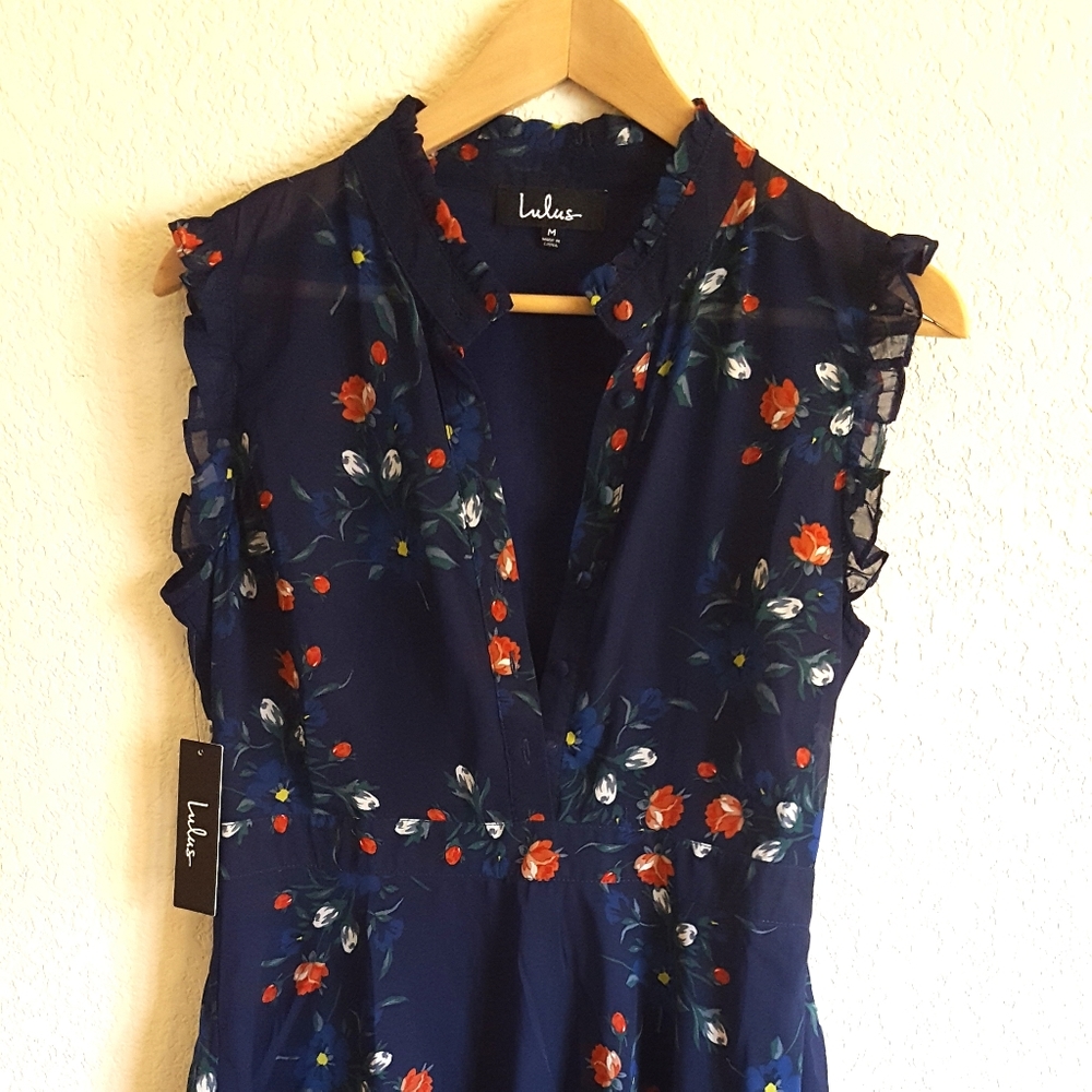 Lulus Blue Floral Button Front Ruffle Dress - Picture 6 of 7